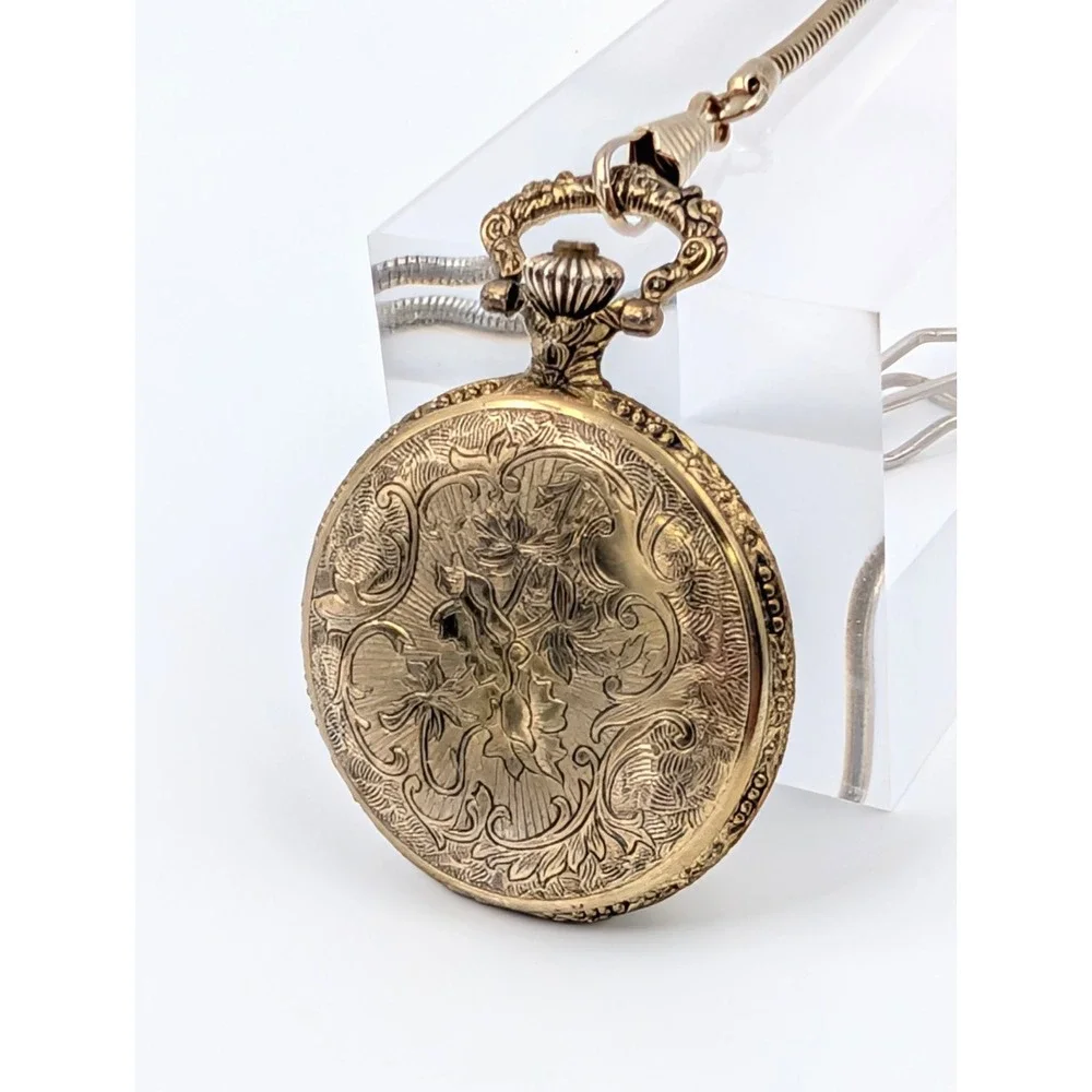 Vintage Train Pocket Watch Gold Tone Steam Engine‎ Snake Chain Steampunk